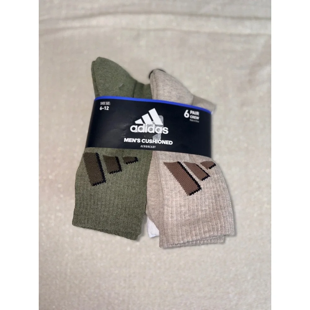 Adidas Crew Socks 6-12 Olive Tan Grey White NEW 6 Pair Pack Men's‎ Cushioned